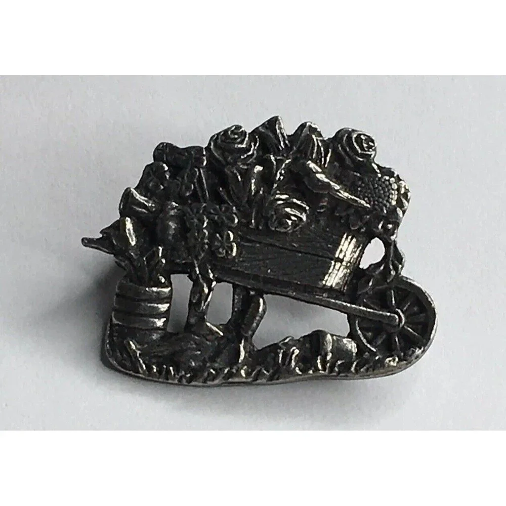 Birds & Blooms Brooch Pin‎ Pewter Flower Wheelbarrow Granny Cottage Fairycore